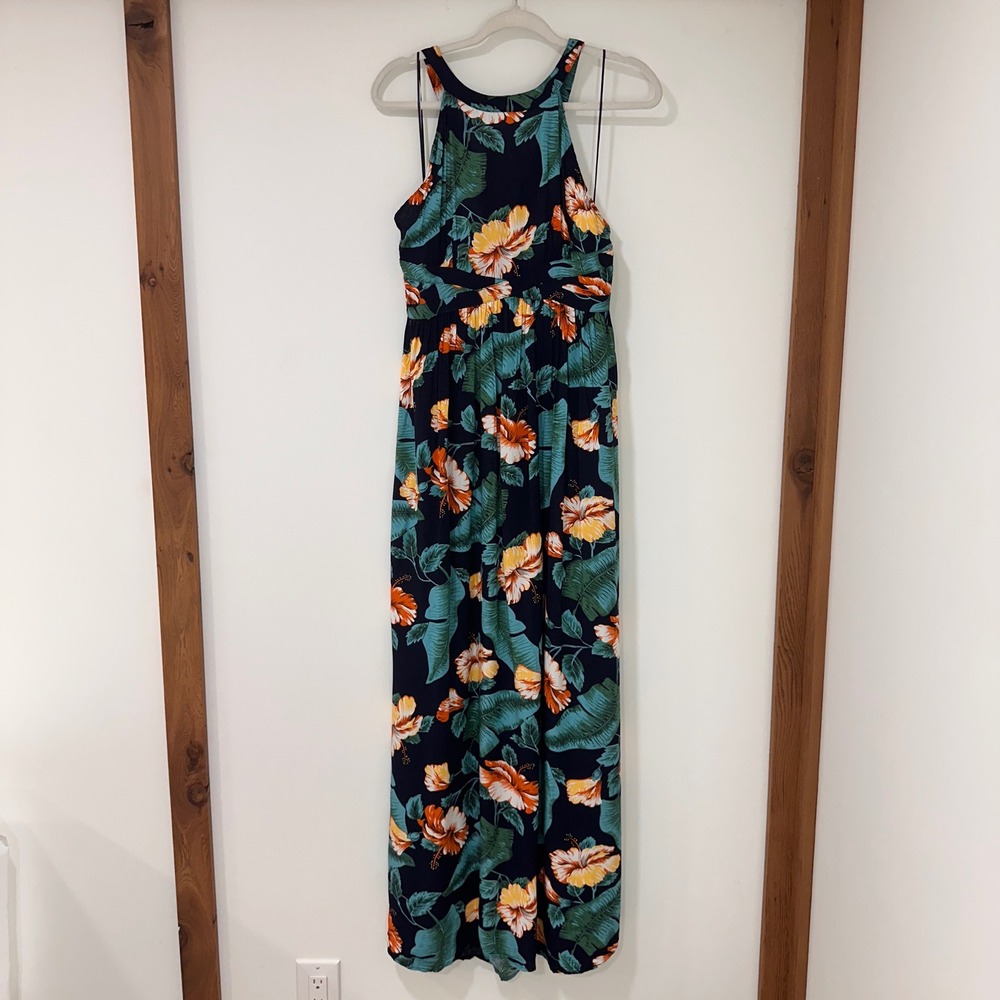 Aakaa Tropical Floral Maxi Dress Womens XL Navy Blue‎ Halter Open Back | Boho